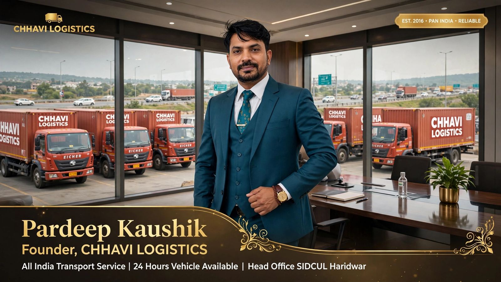 Pradeep Kaushik, Founder of Chhavi Logistics, standing in front of the Chhavi Logistics truck fleet